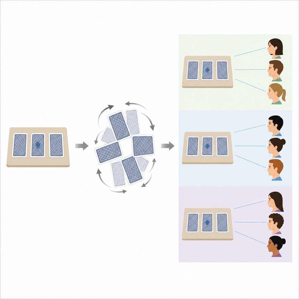 Figure 2. Sihirbazın konuşması ile konuşma olmadan karıştırma sırasında insanların işaretli kartı nasıl takip ettiğinin karşılaştırılması.