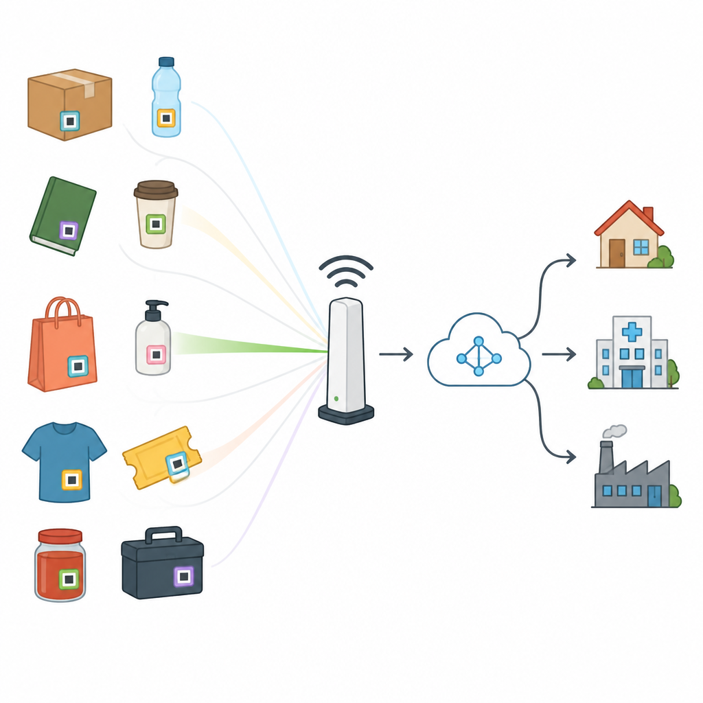 Figure 1. Einfache gedruckte Etiketten zusammen mit intelligenten Lesegeräten und 5G-Edge-Netzen arbeiten zusammen, um Alltagsgegenstände zuverlässig zu verfolgen.