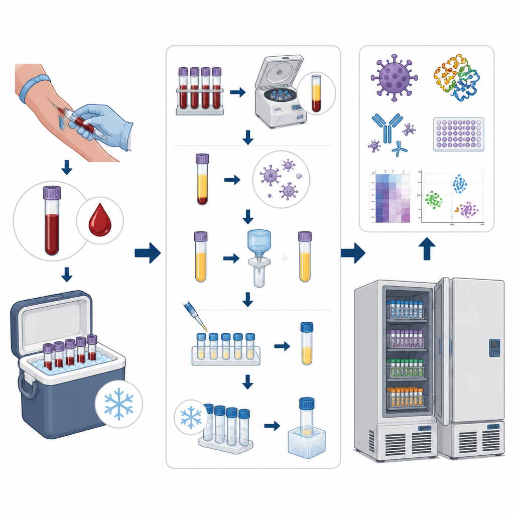 Figure 2. Il percorso passo dopo passo del sangue del paziente che diventa campioni virali congelati pronti per studi su dengue e infezioni correlate.