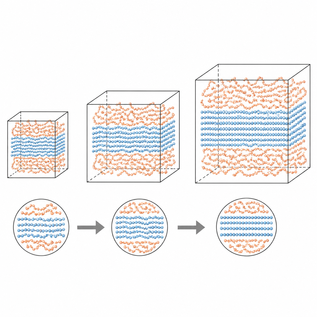 Figure 1. How simulation box size shapes layered crystal patterns in a simple model of plastic.