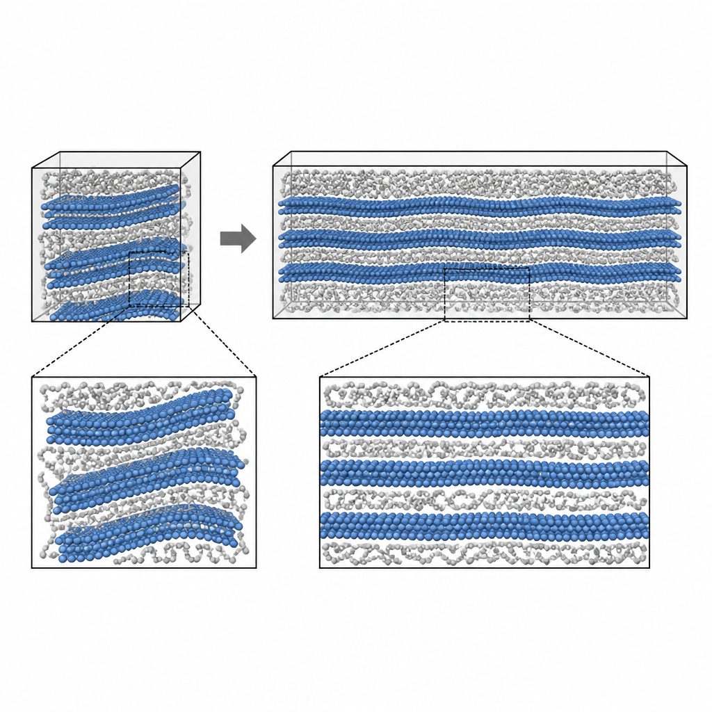 Figure 2. How cramped simulation boxes tilt and distort polymer layers compared with larger, more realistic boxes.