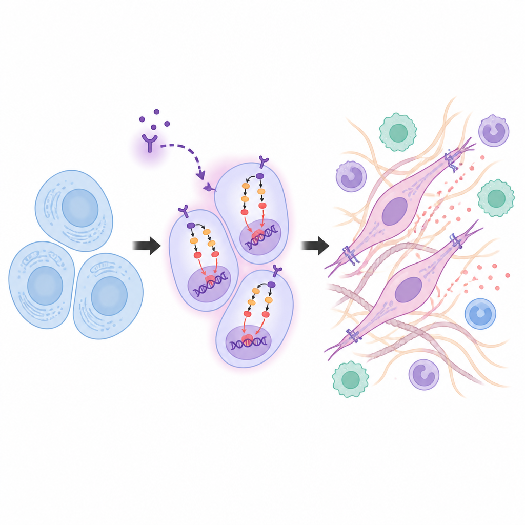 Figure 2. How an internal signal in breast cancer cells switches on genes that change cell shape, movement, and inflammatory behavior.