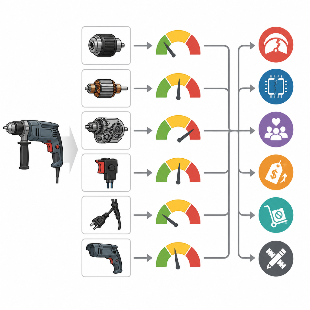 Figure 2. Come le parti chiave di un trapano vengono valutate per diversi rischi di obsolescenza per guidare un design migliore e più duraturo