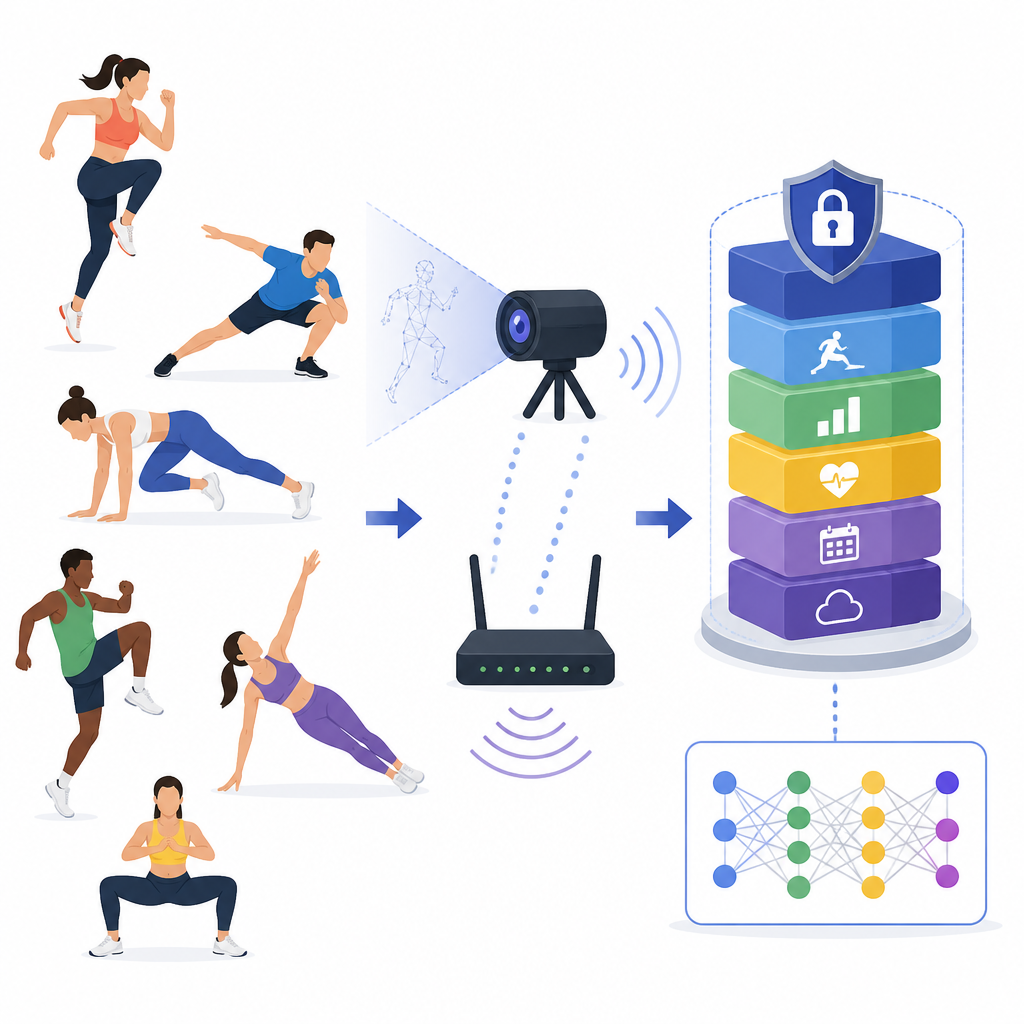 Figure 1. Cómo un sistema inteligente observa movimientos complejos de aeróbic y comparte de forma segura los registros de entrenamiento entre dispositivos.