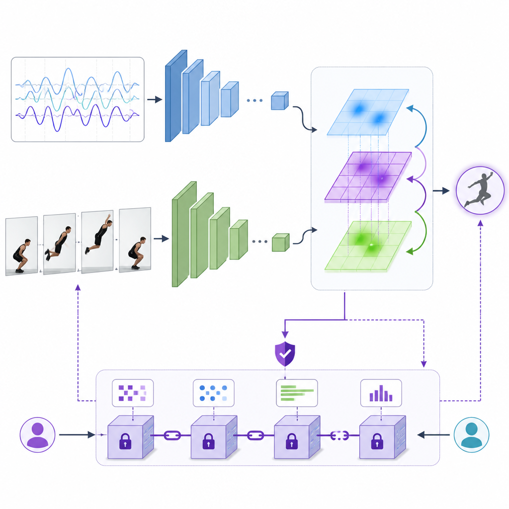Figure 2. Cómo se combinan video y señales inalámbricas con redes de atención mientras los registros en blockchain mantienen fiable el seguimiento del aeróbic.