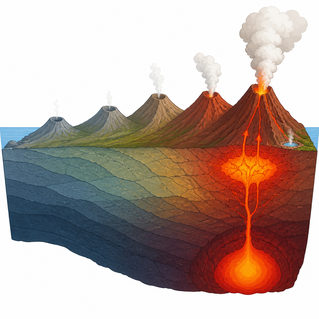 Figure 1. Come la roccia calda nascosta e l’acqua sotto un’isola vulcanica controllano dove compaiono eruzioni e sorgenti termali in superficie.