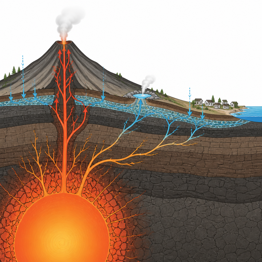 Figure 2. Come un nucleo profondo e caldo alimenta percorsi fluidi ramificati che risalgono attraverso la roccia fratturata per alimentare eruzioni e sorgenti termali.