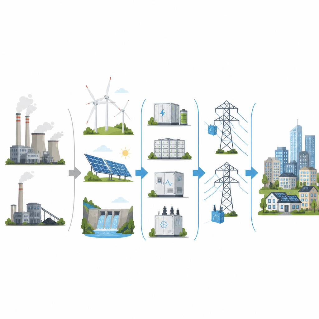 Figure 1. Come rinnovabili, accumulo e dispositivi di rete intelligenti lavorano insieme per fornire elettricità stabile ed economica alle città.