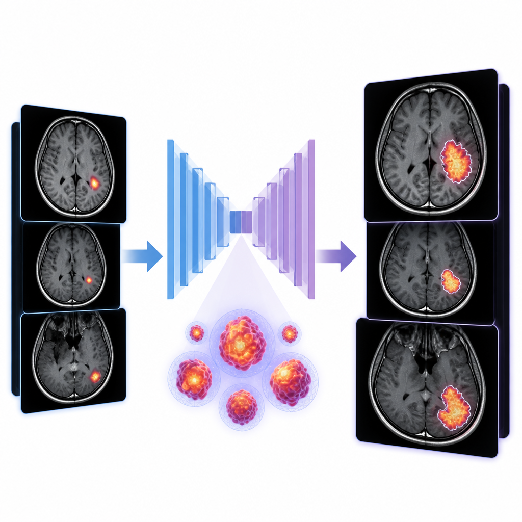Figure 2. How a two stage network turns few MRI scans into sharper tumor maps with clearer boundaries.