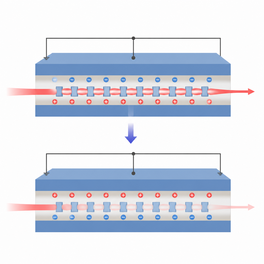 Figure 2. Katmanlı bir kapasitör ile rezonatör zincirinin, ultra kompakt bir optik modülatörde ışığı yavaşlatıp kontrol etmek için nasıl birlikte çalıştığı.