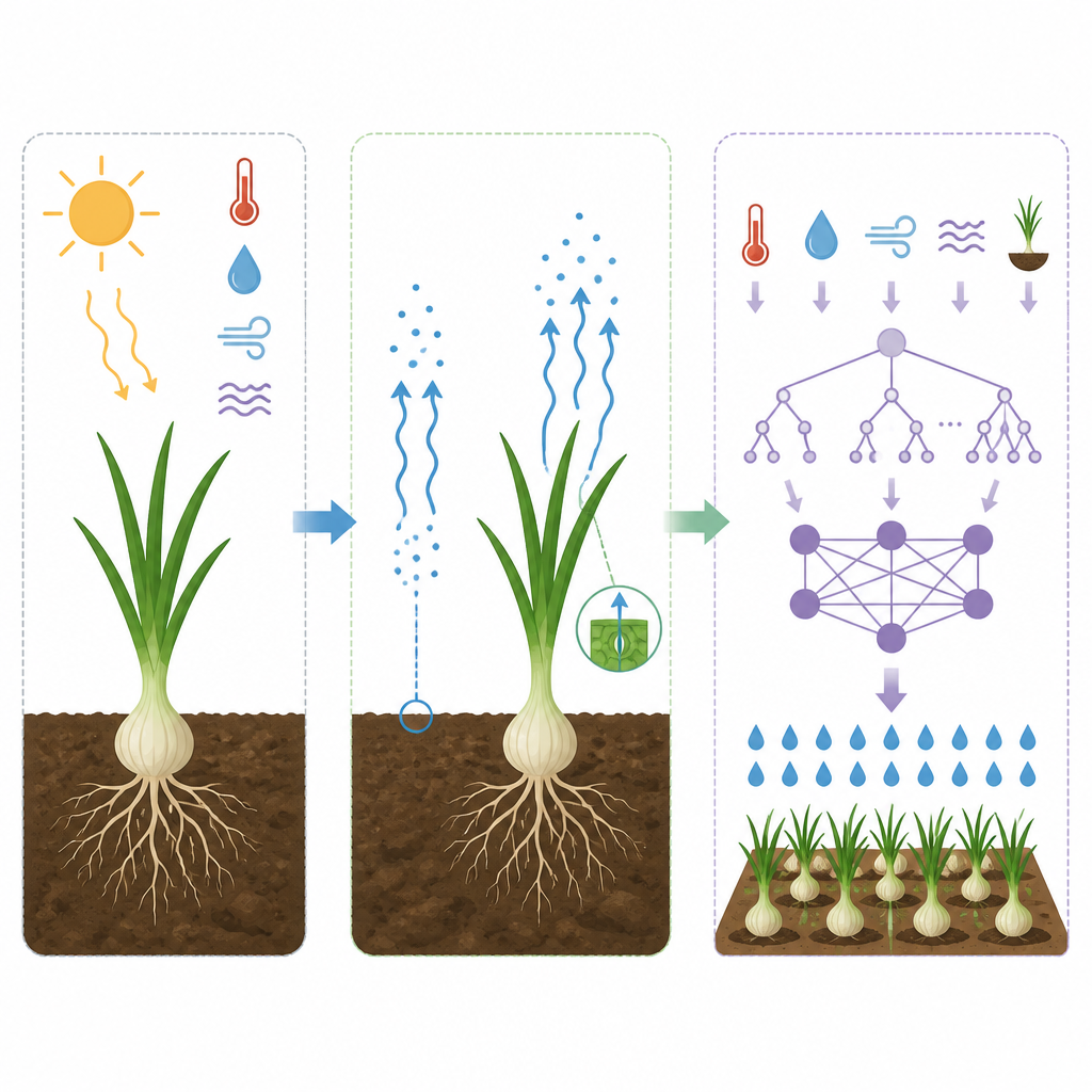 Figure 2. Un percorso passo dopo passo di segnali meteorologici e colturali che alimentano modelli capaci di trasformare la perdita d’acqua in decisioni irrigue migliori