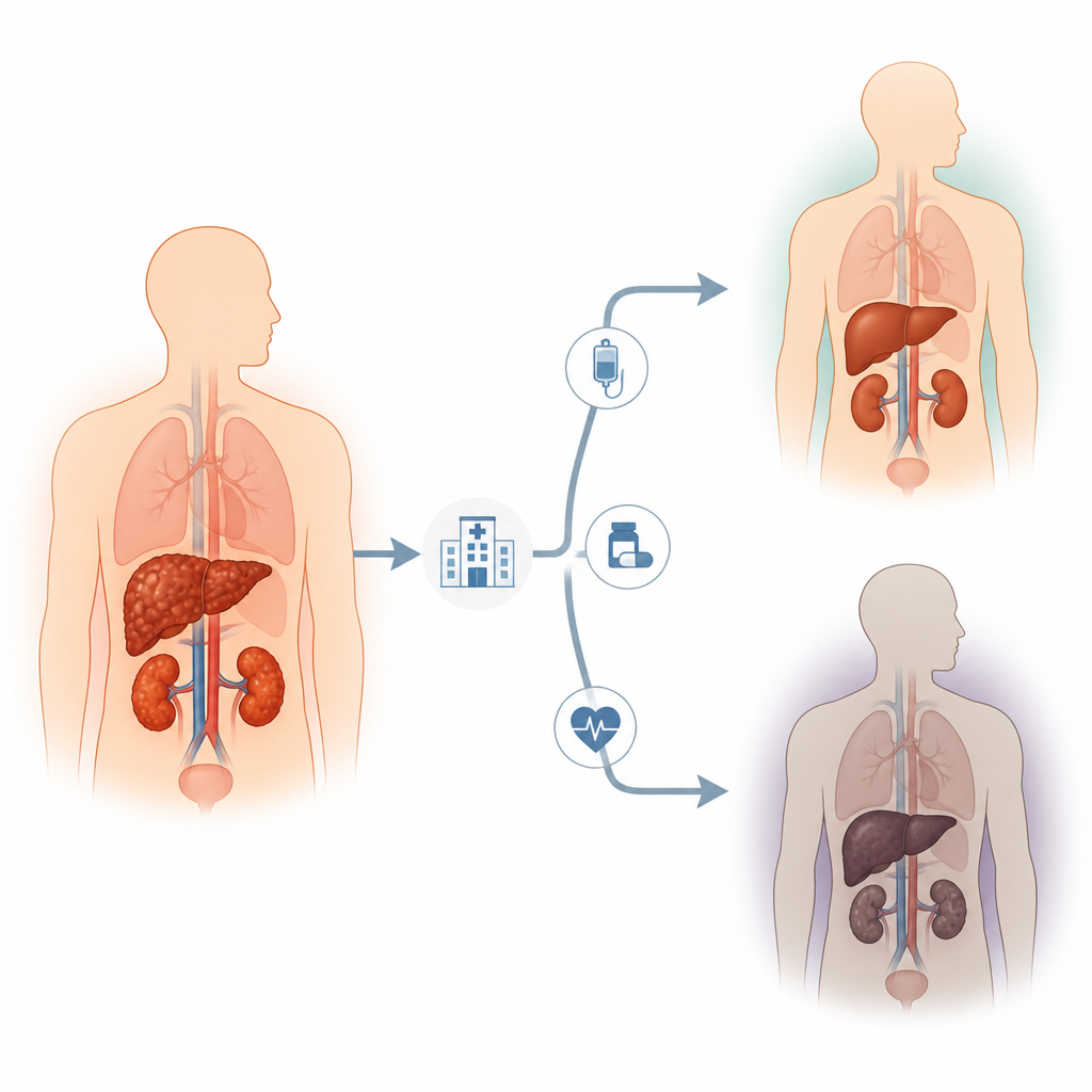 Figure 1. How sick liver and kidneys together raise short term death risk and how a simple score can sort patients by danger level.