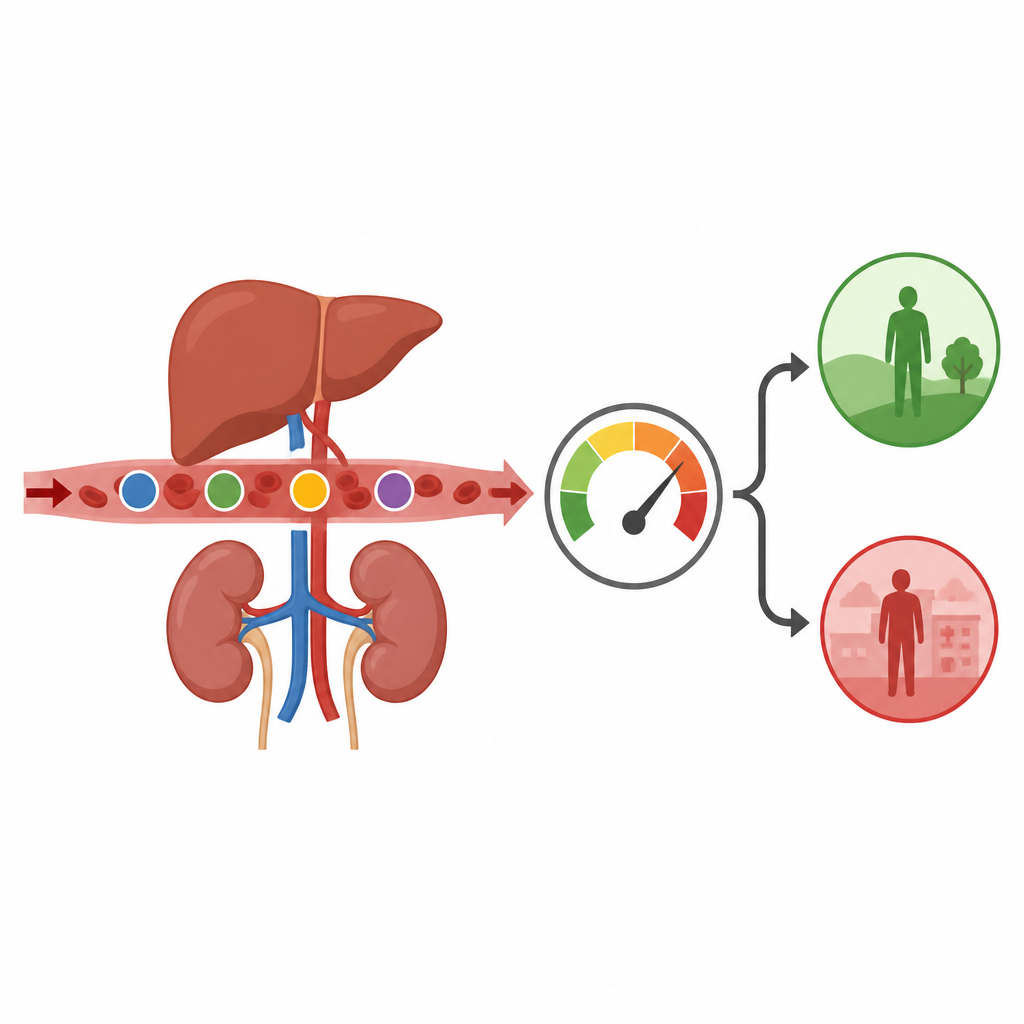 Figure 2. How four routine blood markers flow into a risk score that separates safer patients from those at high risk of dying soon.