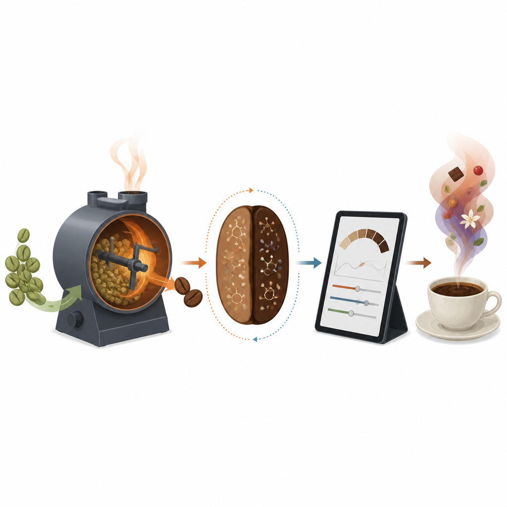 Figure 1. Come un gemello di torrefazione virtuale collega i chicchi verdi, il calore e la chimica alla tazza finale di caffè.