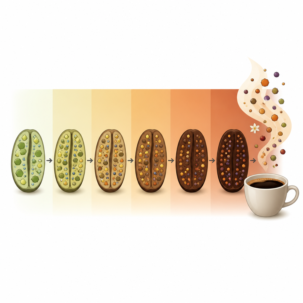 Figure 2. In che modo il riscaldamento graduale dei chicchi di caffè rimodella i loro composti interni per creare l'aroma e il gusto finale della tostatura.