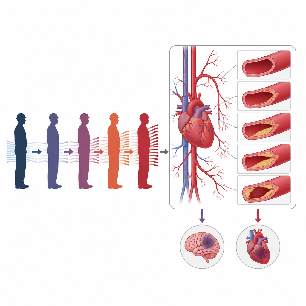Figure 2. Cómo una mayor dosis anual de radiación y la exposición prolongada dañan gradualmente los vasos sanguíneos, aumentando los riesgos de infarto y accidente cerebrovascular.