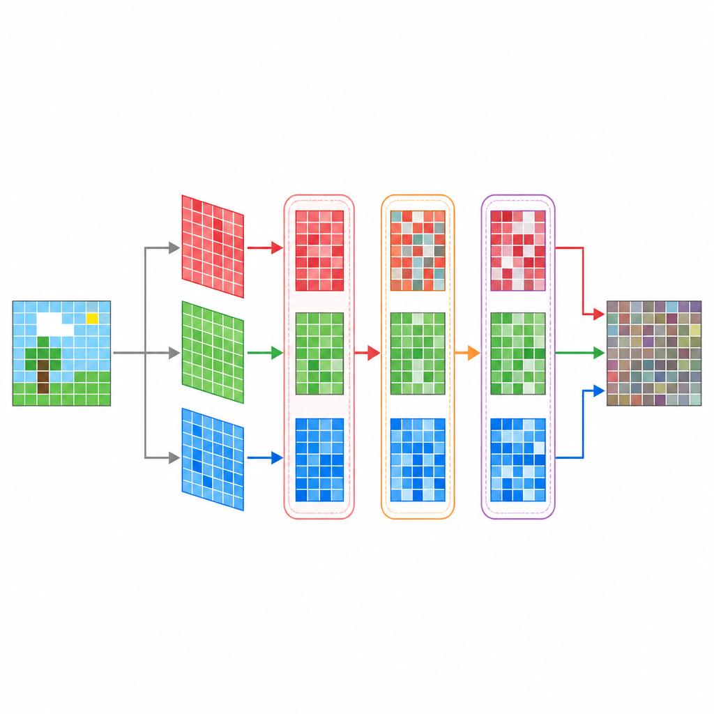 Figure 2. عرض خطوة بخطوة لتقسيم صورة ملونة، وتشويشها بالفوضى، ثم إعادة تجميعها على شكل ضوضاء مأمونة.