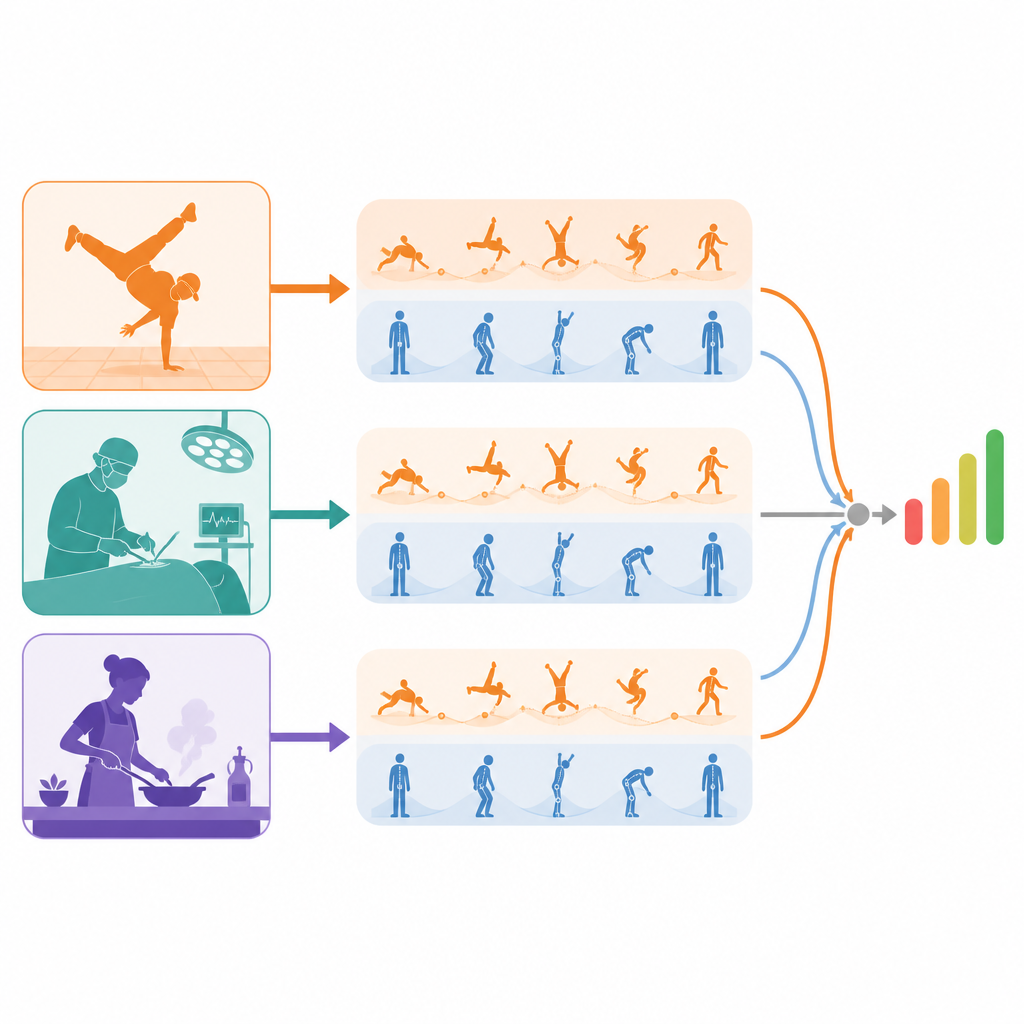Figure 1. A IA separa movimento e postura em vídeos longos de esportes e habilidades para fornecer uma pontuação de qualidade geral.
