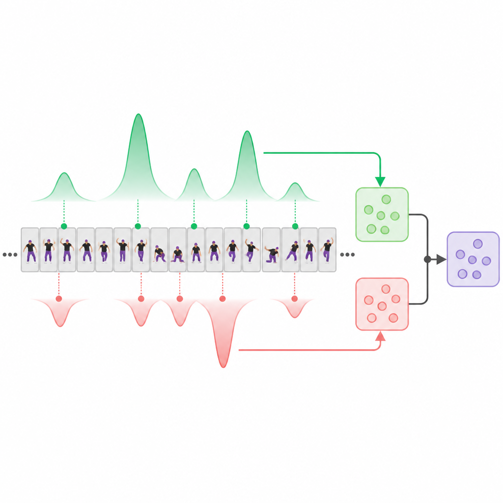 Figure 2. A IA destaca os melhores e piores momentos numa performance longa antes de combiná‑los em uma única pontuação de qualidade.