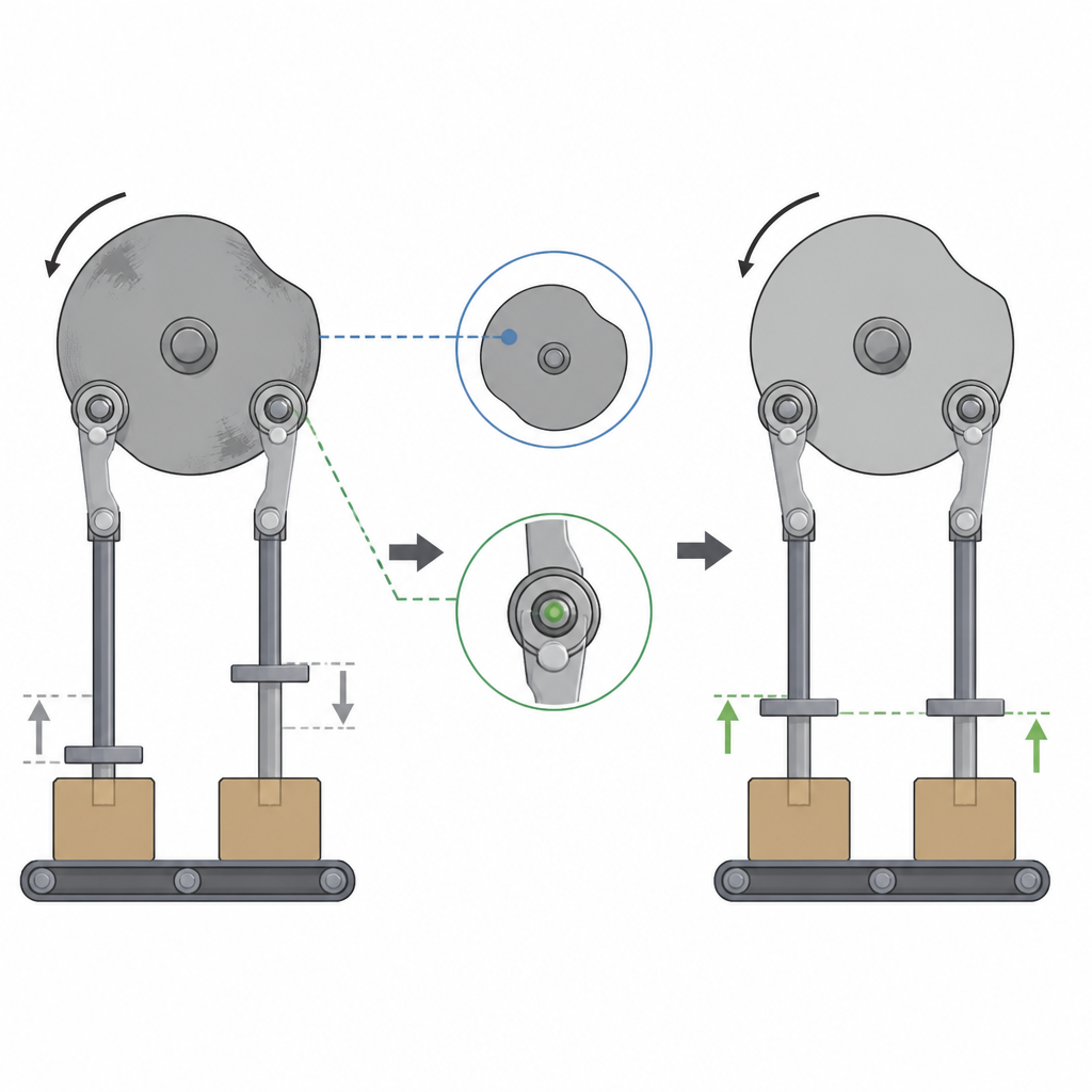 Figure 1. Hoe het meten van het rollerpad in plaats van de nokrand de fabriekstijghandelingen beter gesynchroniseerd houdt in de loop der tijd.