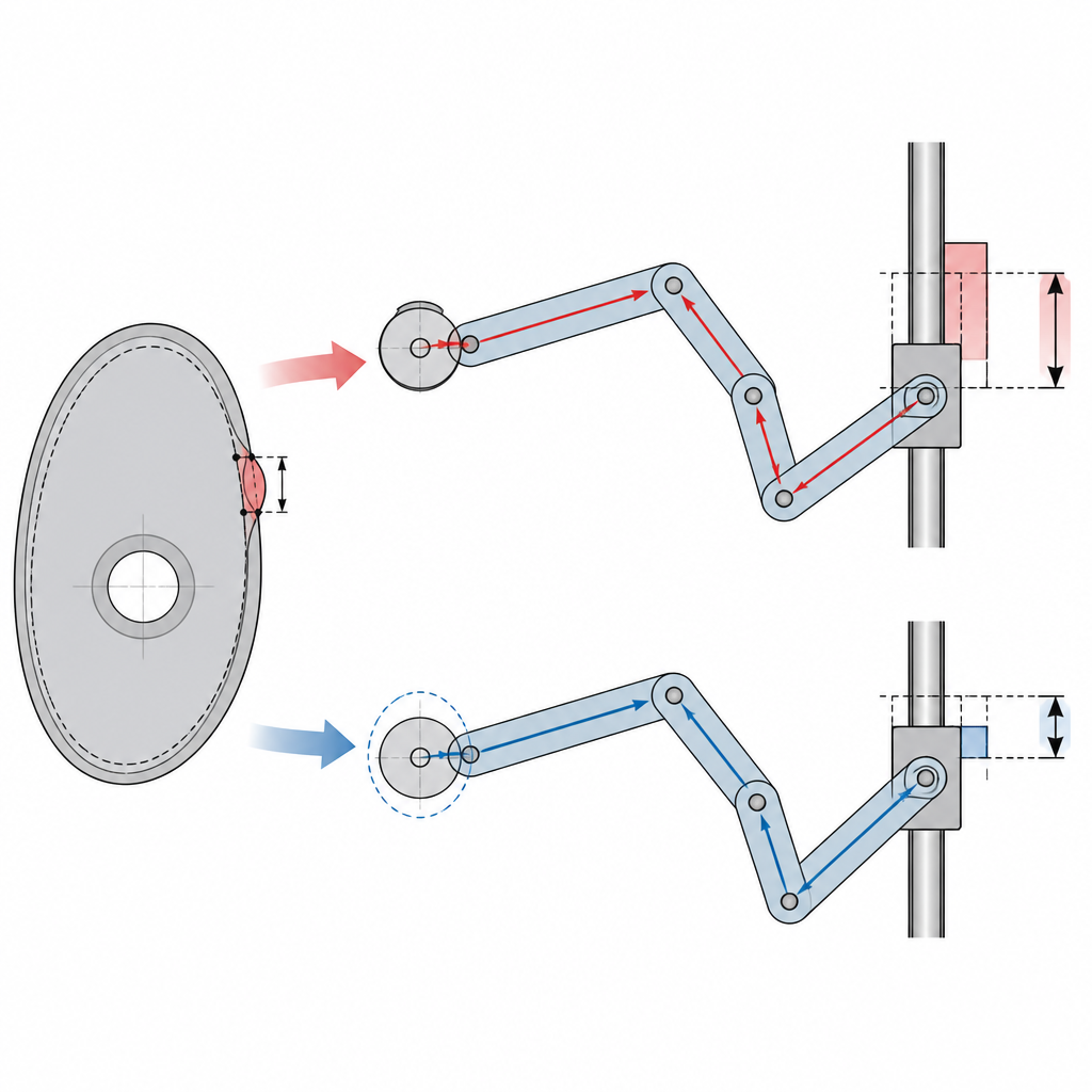 Figure 2. Hoe kleine vormfouten op een nok zich via koppelingen versterken en hoe rollergebaseerde meting de uiteindelijke bewegingsmismatch vermindert.