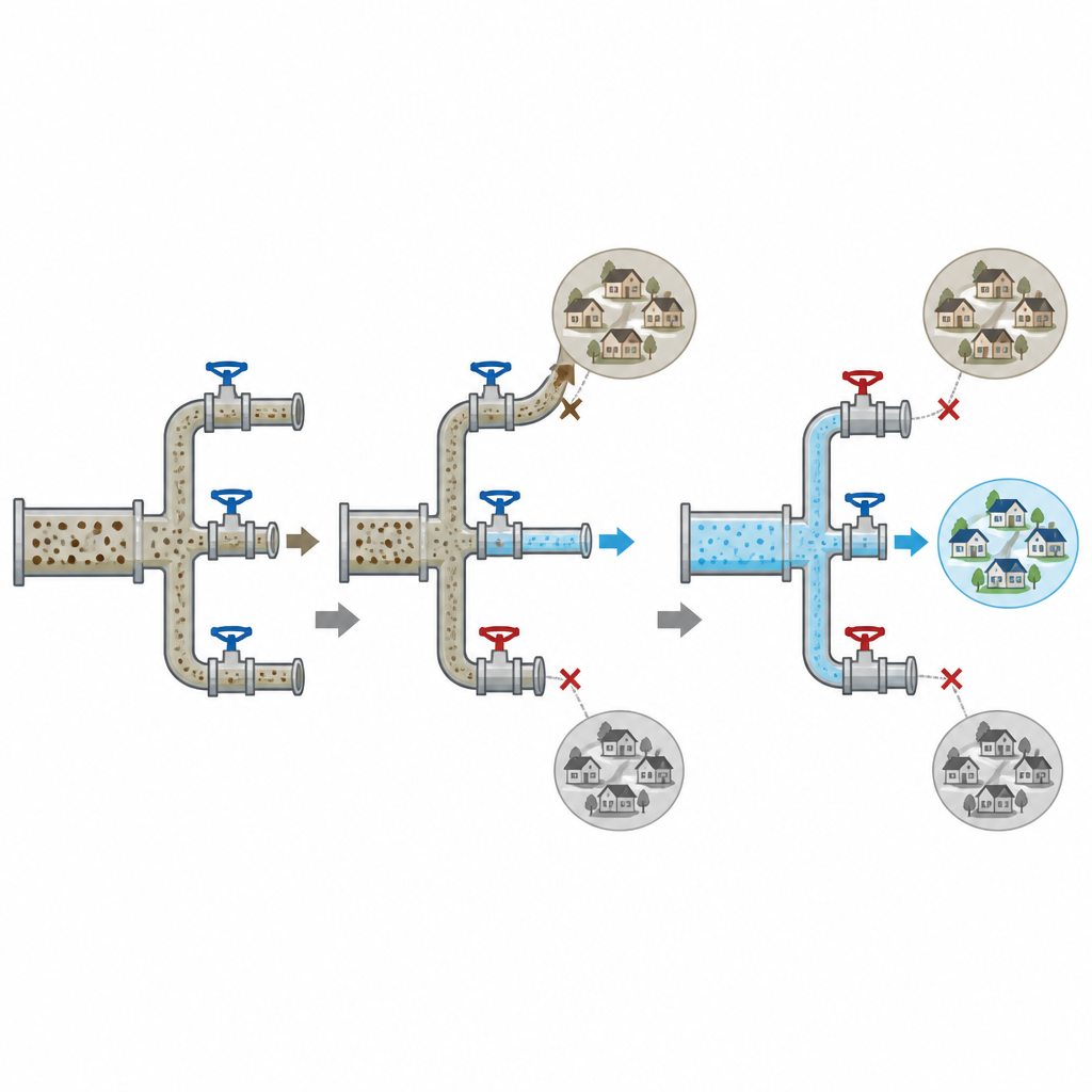 Figure 2. Controllo passo dopo passo dell’acqua torbida nelle condotte chiudendo valvole selezionate in modo che acqua più pulita raggiunga le case mentre i punti critici vengono isolati.