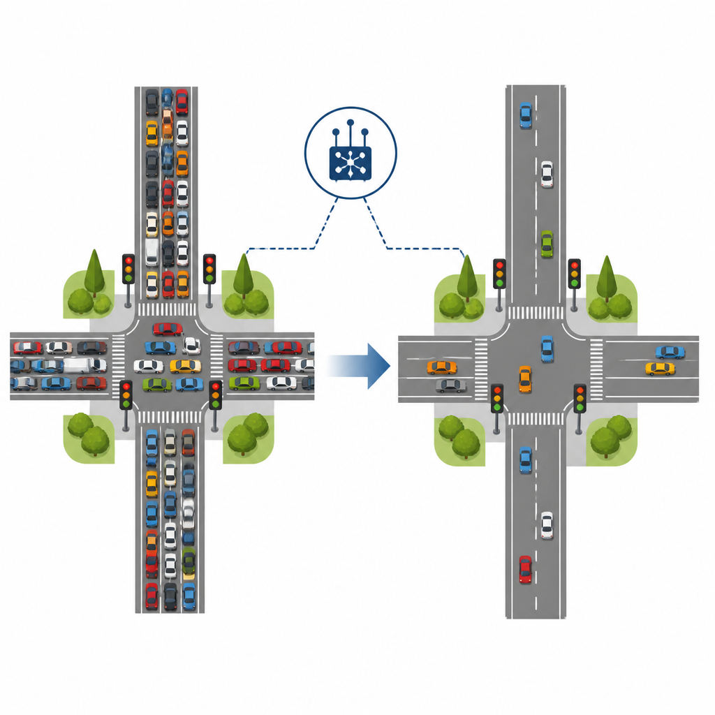 Figure 1. Semáforos más inteligentes convierten un cruce urbano congestionado en colas más cortas y fluidas al adaptarse en tiempo real a flujos cambiantes.