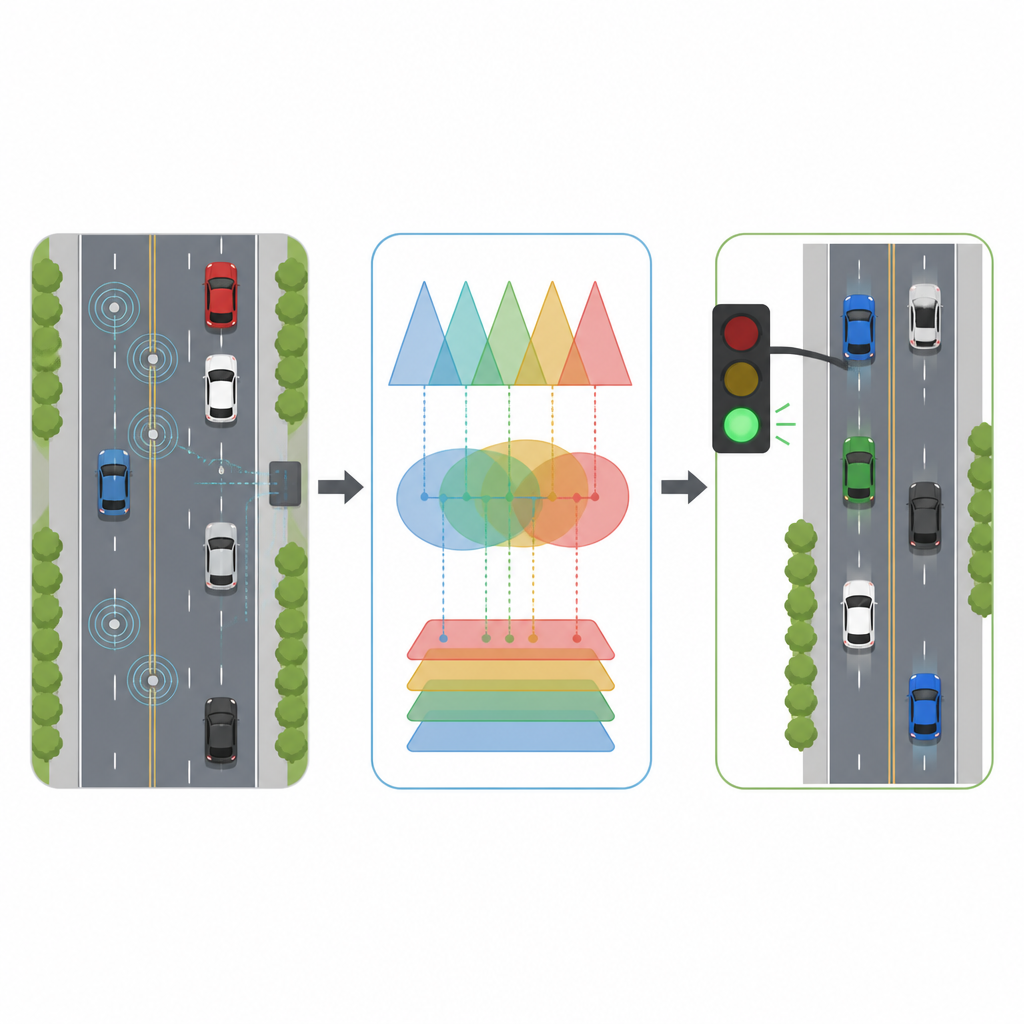 Figure 2. Los sensores envían las colas de vehículos a un módulo de decisión difusa que ajusta los tiempos de verde, transformando el tráfico entrante desigual en un flujo saliente más uniforme.