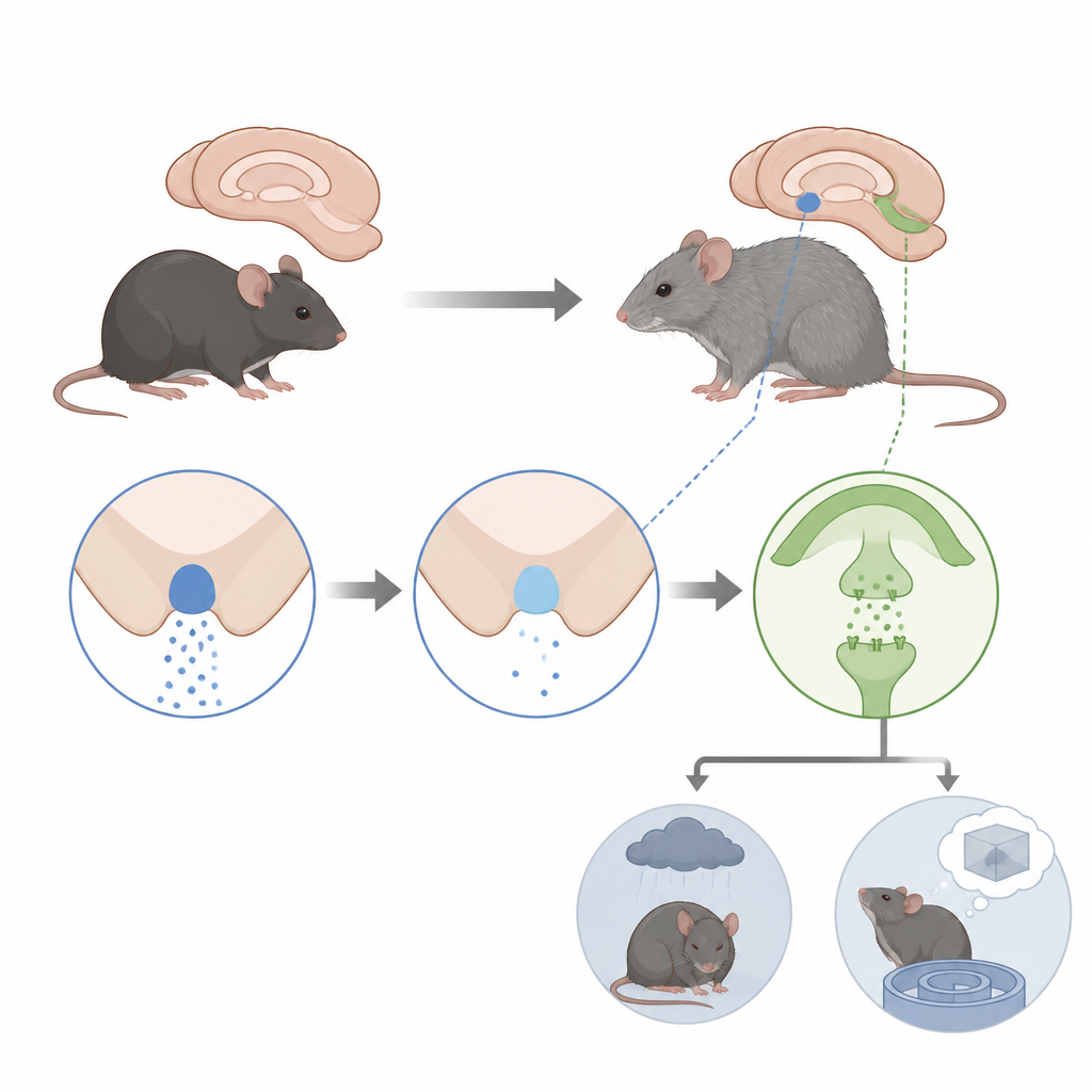 Figure 1. Cómo el envejecimiento y los cambios similares al Alzheimer en ratones modifican un pequeño núcleo mesencefálico conectado a los circuitos del ánimo y la memoria.