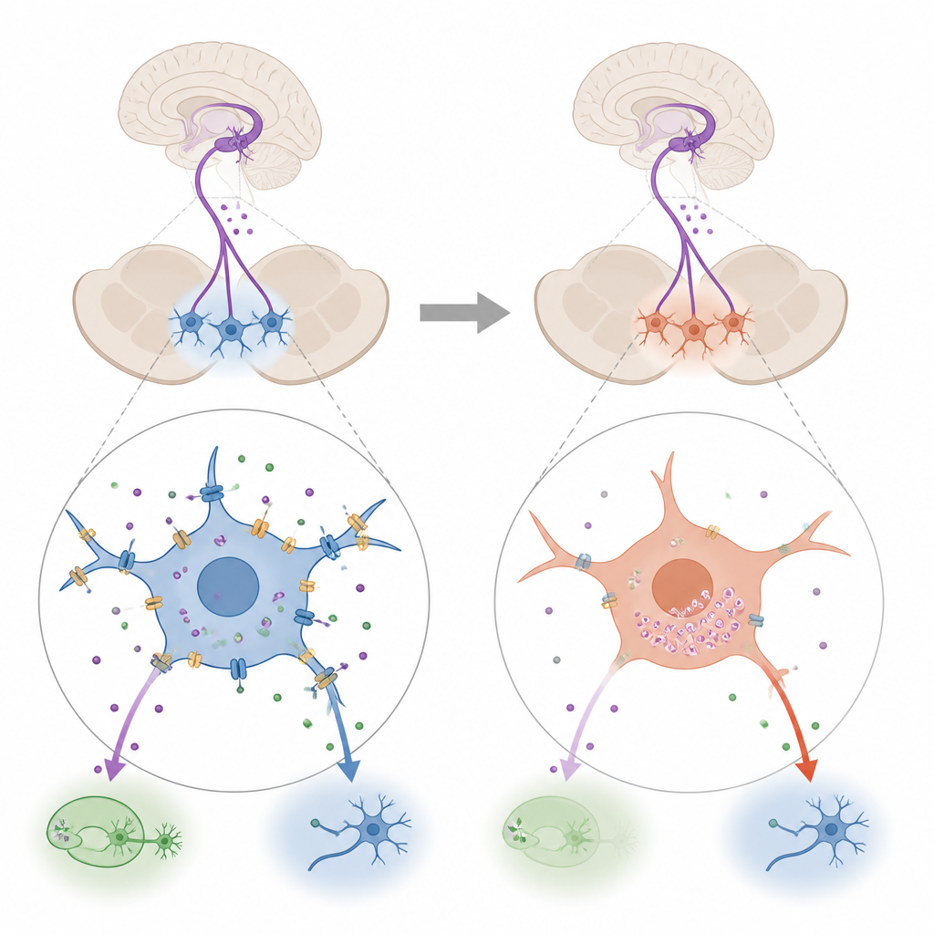Figure 2. Visión por etapas de cómo se alteran los canales y mensajeros de neuronas mesencefálicas a medida que los cambios tipo Alzheimer afectan las vías del ánimo y la memoria.