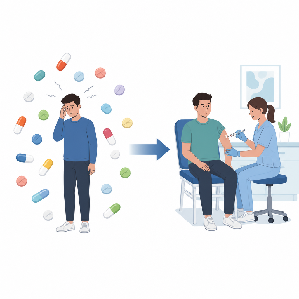 Figure 1. Cambio de muchas pastillas diarias por inyecciones de larga duración ocasionales en la clínica para aliviar la carga del tratamiento.