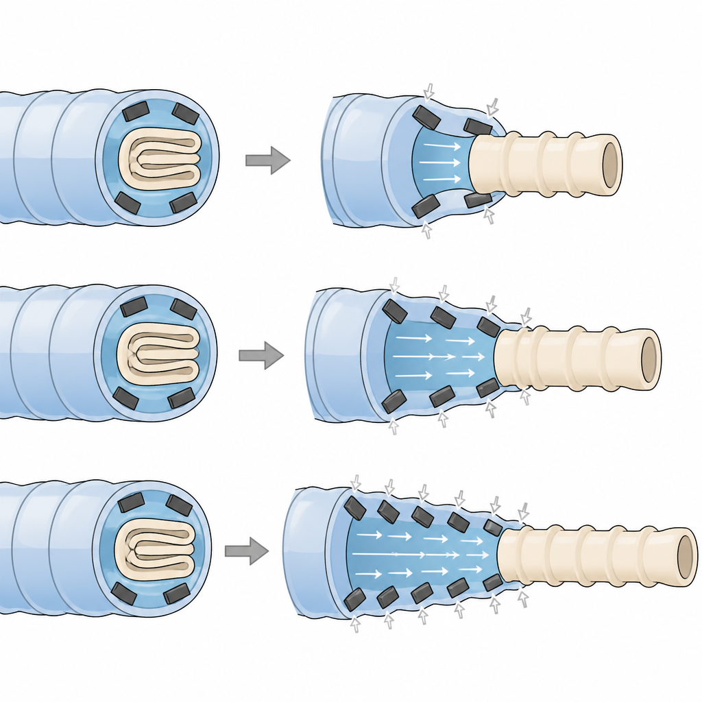 Figure 2. Магнитные сегменты сжимают жидкость в мягком теле, чтобы выворачивать и втягивать наподобие рукава роботизированный наконечник.