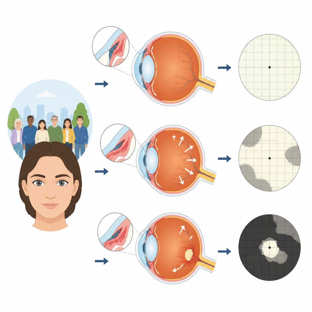 Figure 1. Yaygın bir glokom türünün erken evreden ileri evreye nasıl ilerlediği ve zamanla bir kişinin görme alanını nasıl daralttığı.