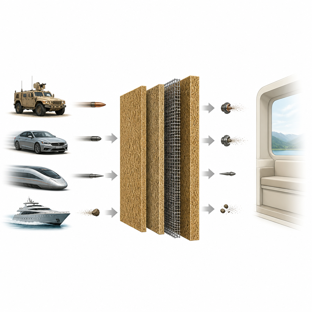Figure 1. Bitkisel lif ve çelik ağ katmanları, araçları ve insanları güçlü darbelerden korumaya yardımcı olan daha hafif paneller oluşturur.