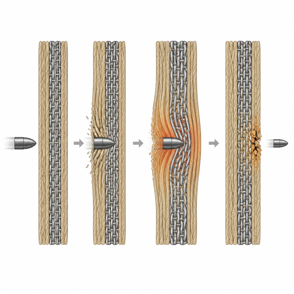 Figure 2. Dokuma bitkisel iplikler ve metal ağ, bir merminin kuvvetini yayar ve yavaşlatır; böylece panelden geçerken verdiği hasarı azaltır.