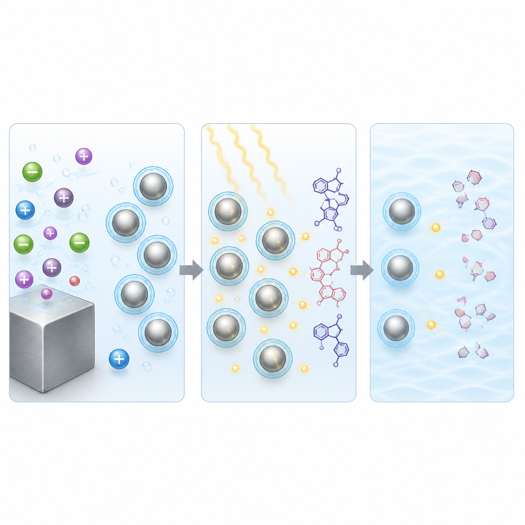 Figure 2. Coated silver particles use light to break apart dye molecules in water through stepwise reactive attacks.