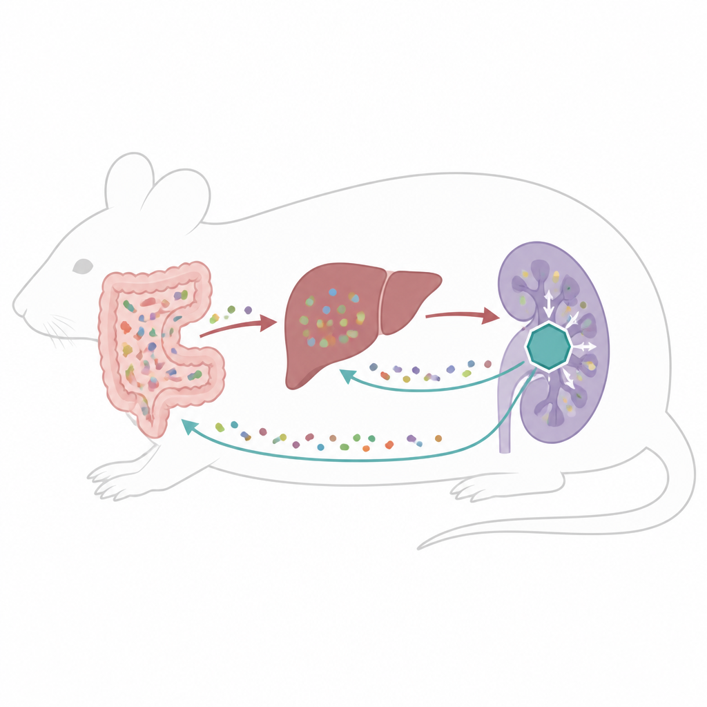 Figure 1. Cómo un sensor renal coordina mensajes químicos entre los microbios intestinales, el hígado y el riñón