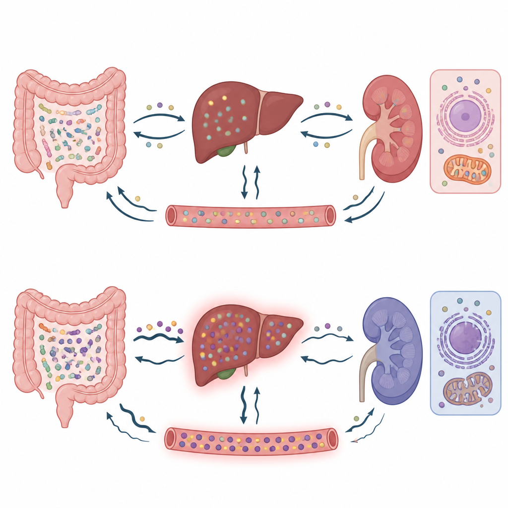 Figure 2. Cómo apagar un sensor renal altera las vías químicas que enlazan riñón, hígado y microbios intestinales