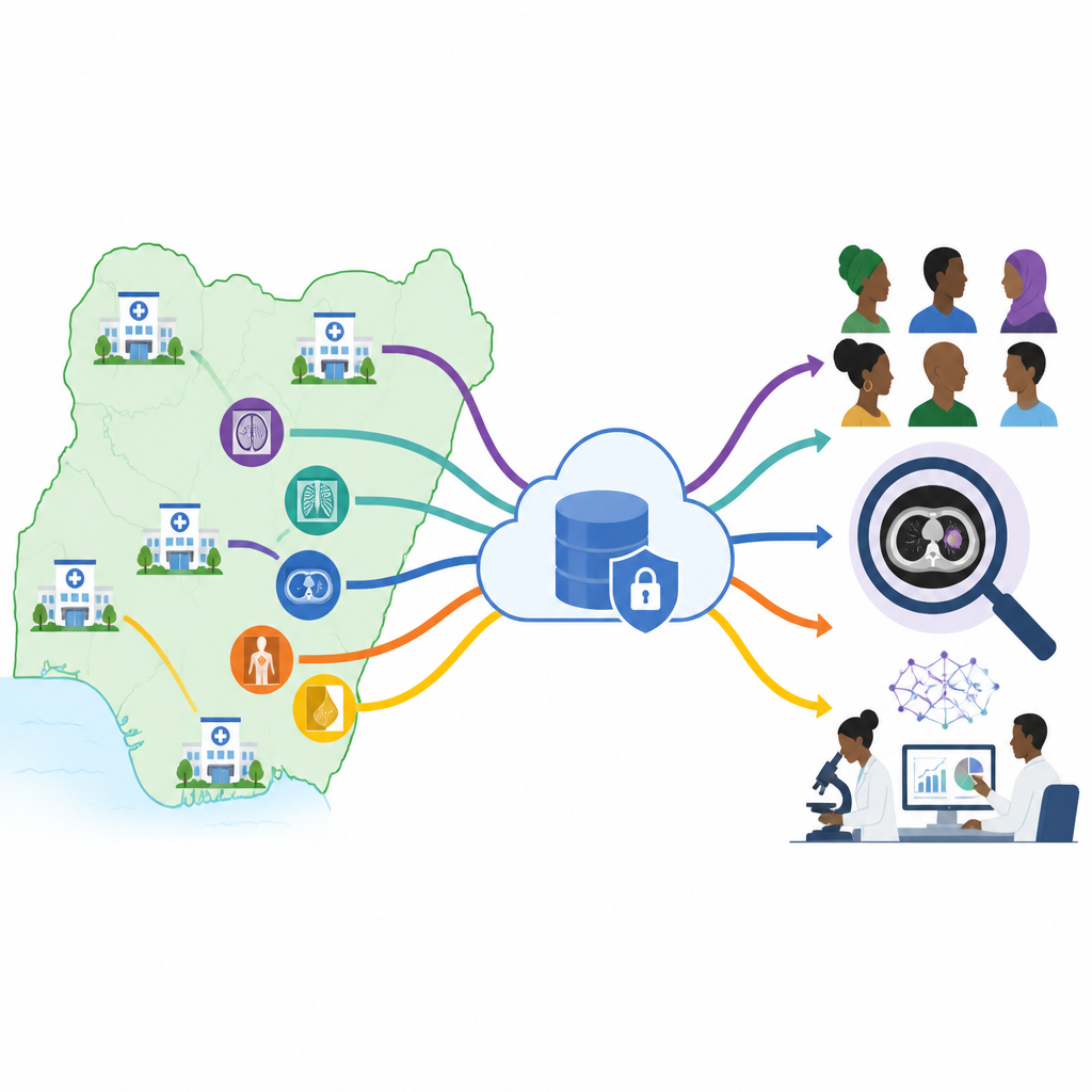 Figure 1. Ospedali in tutta la Nigeria raccolgono scansioni oncologiche anonimizzate in un hub cloud protetto per migliorare la rilevazione e la ricerca.