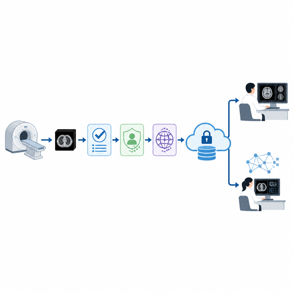 Figure 2. Le scansioni oncologiche passano attraverso controlli di qualità e procedure di anonimizzazione verso uno storage sicuro, quindi alimentano ricercatori e strumenti di analisi basati su IA.