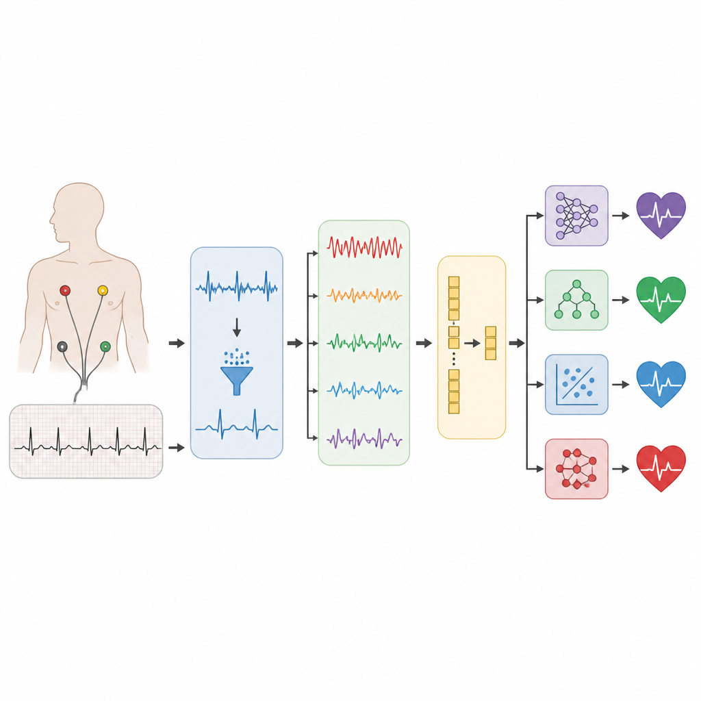 Figure 1. Come i computer trasformano le tracce ECG in avvisi rapidi per diversi tipi di ritmi cardiaci anomali