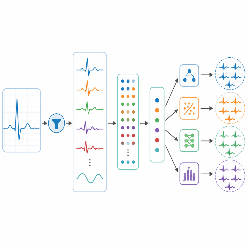 Figure 2. Visione passo passo di come un segnale ECG viene pulito, scomposto in parti e ridotto a caratteristiche chiave per l'ordinamento dei ritmi