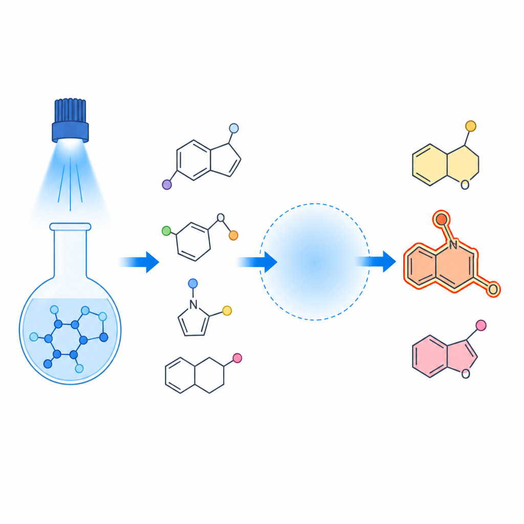Figure 1. Door blauw licht aangedreven labreacties veranderen eenvoudige bouwstenen in diverse seleniumringmoleculen voor kankeronderzoek.