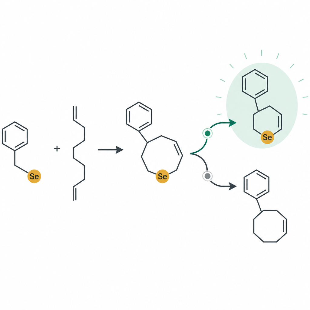 Figure 2. Chemische routes sturen selenium naar een specifiek ringstructuur die gecontroleerde celdood in kankercellen teweegbrengt.