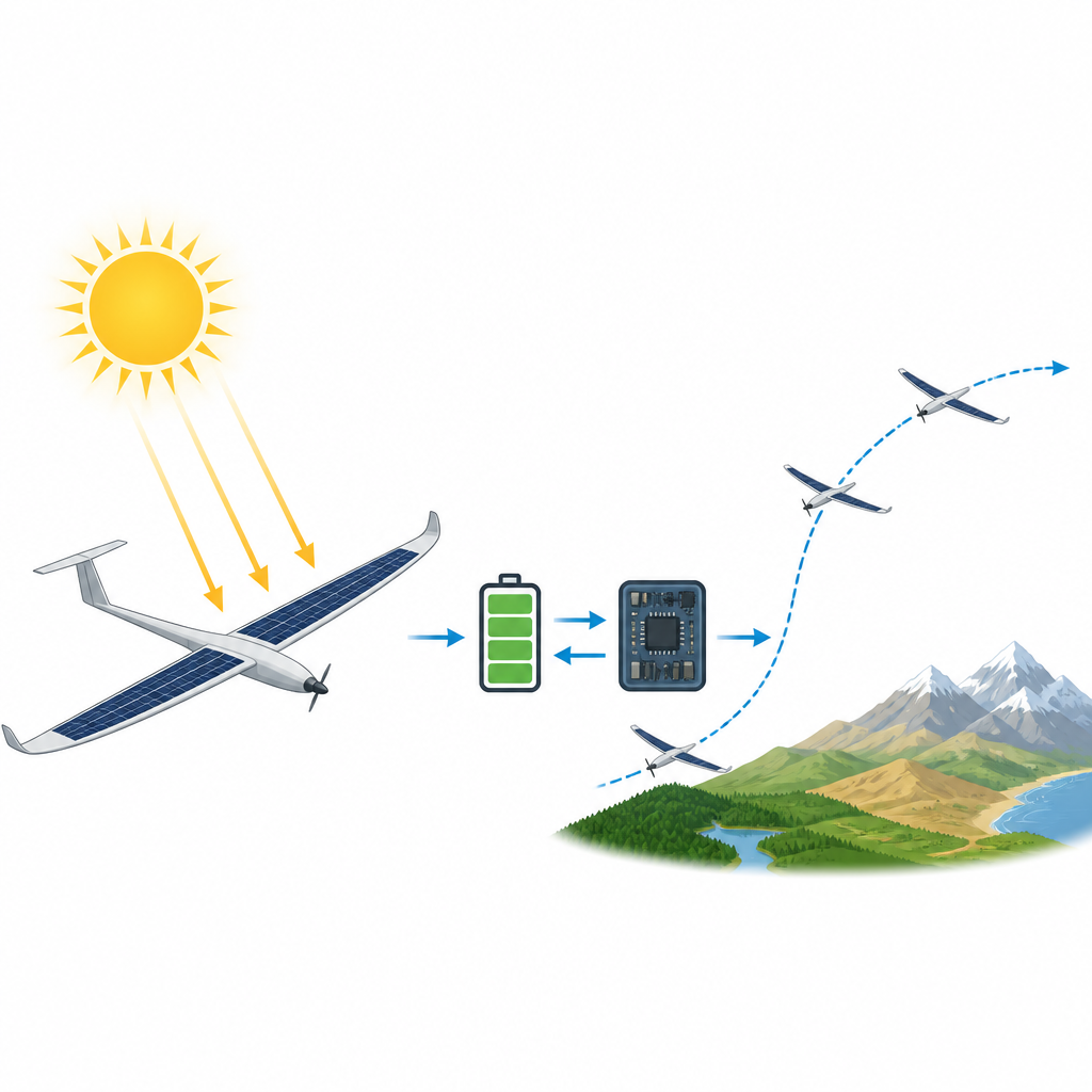 Figure 1. Güneş ışığı ile pil arasındaki enerjiyi akıllıca paylaştırarak bir güneş hibrit drone’un havada daha uzun kalmasını sağlama