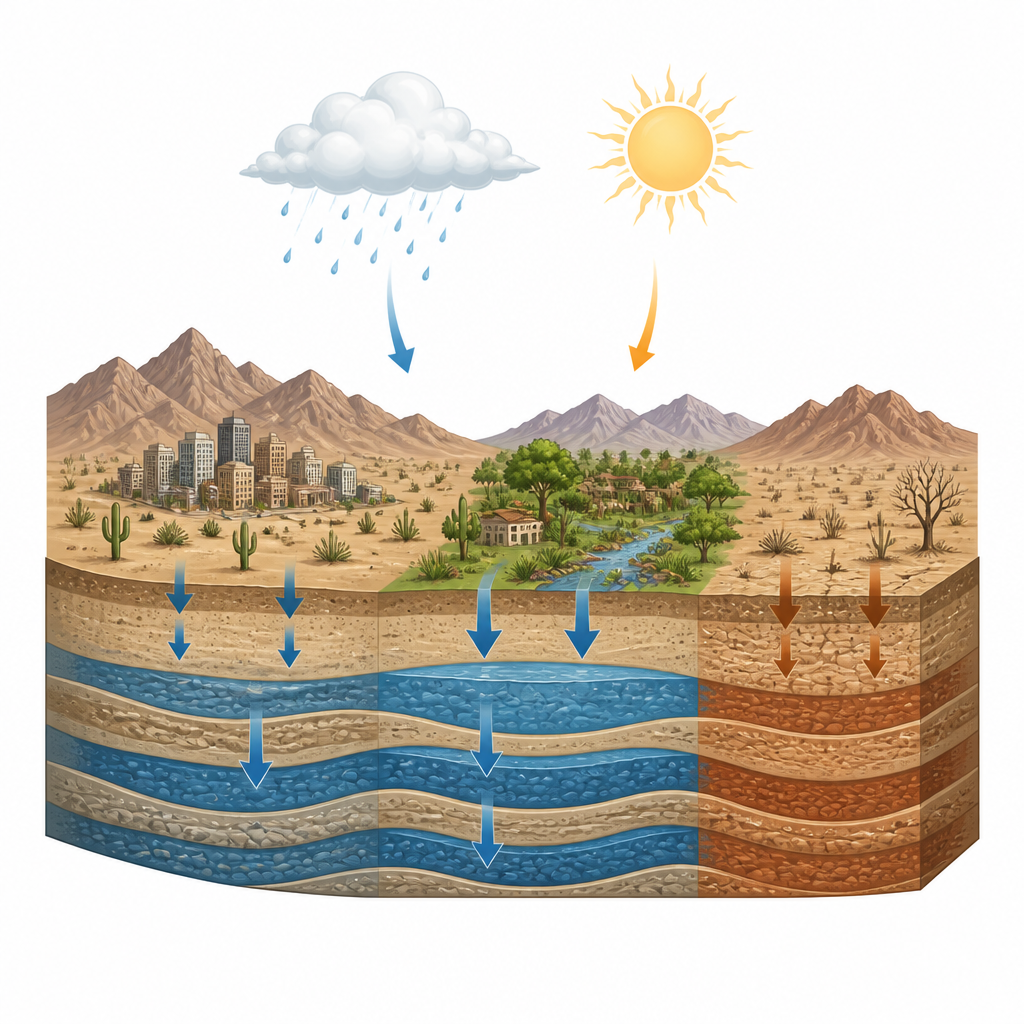 Figure 1. Cómo el clima y el uso del suelo moldean las reservas ocultas de agua subterránea bajo el centro y sur de Arizona.