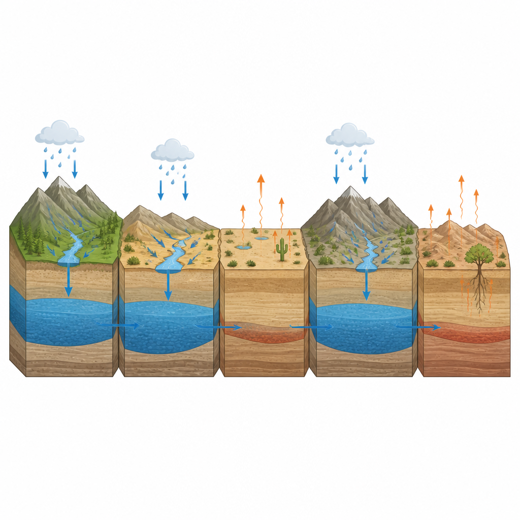 Figure 2. Cómo las cuencas vecinas de Arizona difieren: algunas ganan agua subterránea por lluvia y escorrentía mientras otras la pierden por calor y vegetación.