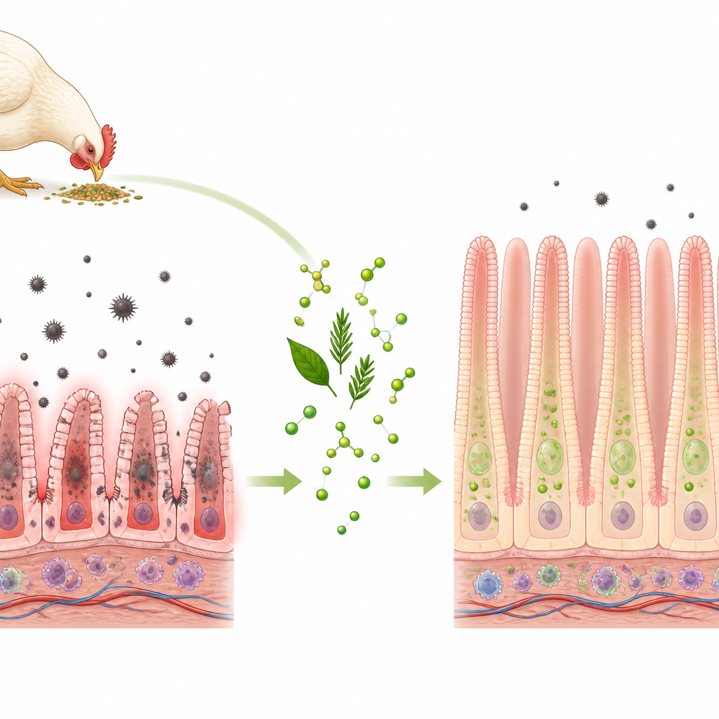 Figure 2. Un compuesto vegetal en el pienso protege el tejido intestinal de los pollos frente al daño oxidativo y favorece un revestimiento intestinal más fuerte.
