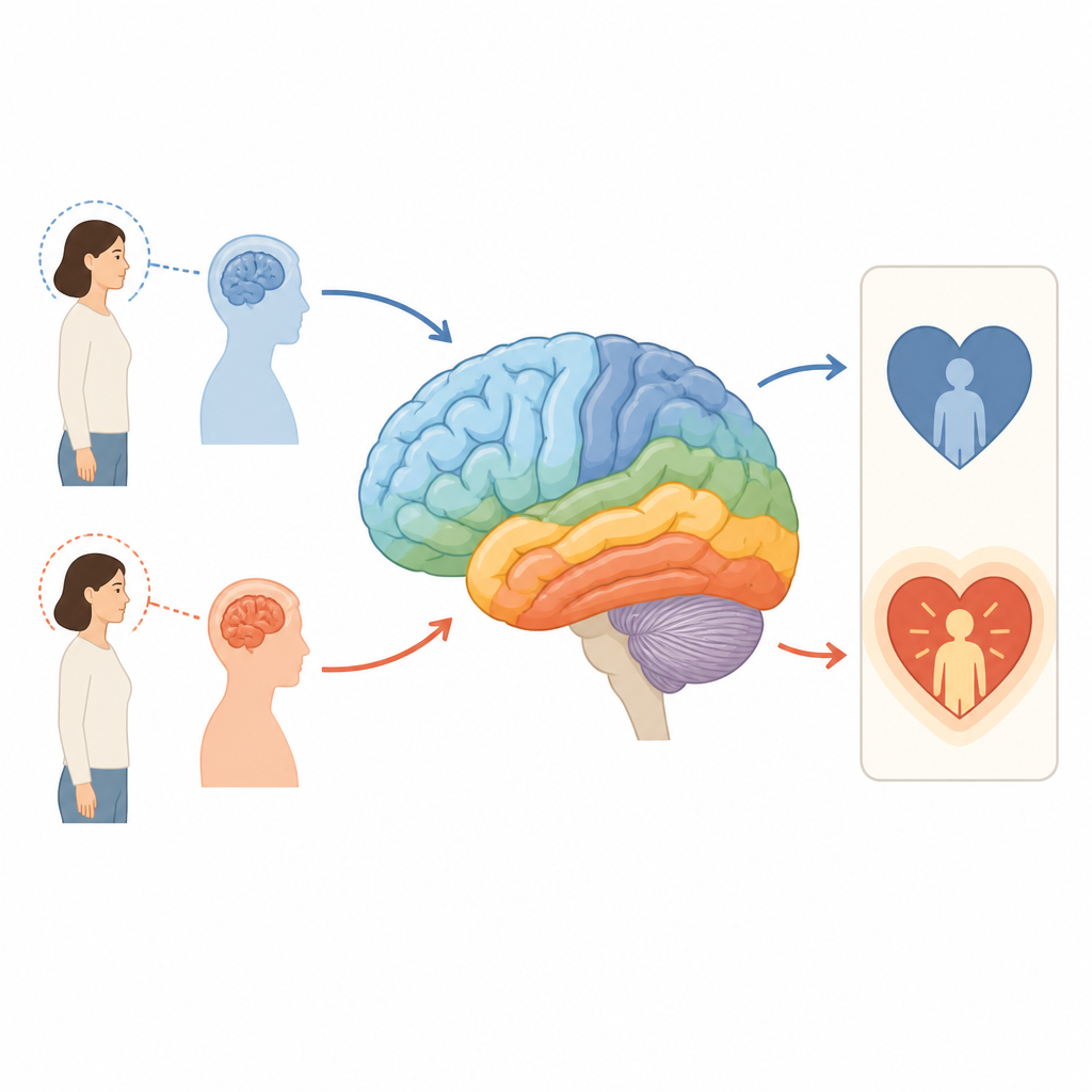 Figure 1. Beyin yüzeyi şekli ve kalınlığının, başkalarının duygularını ne kadar güçlü hissettiğimizle nasıl ilişkili olduğu.