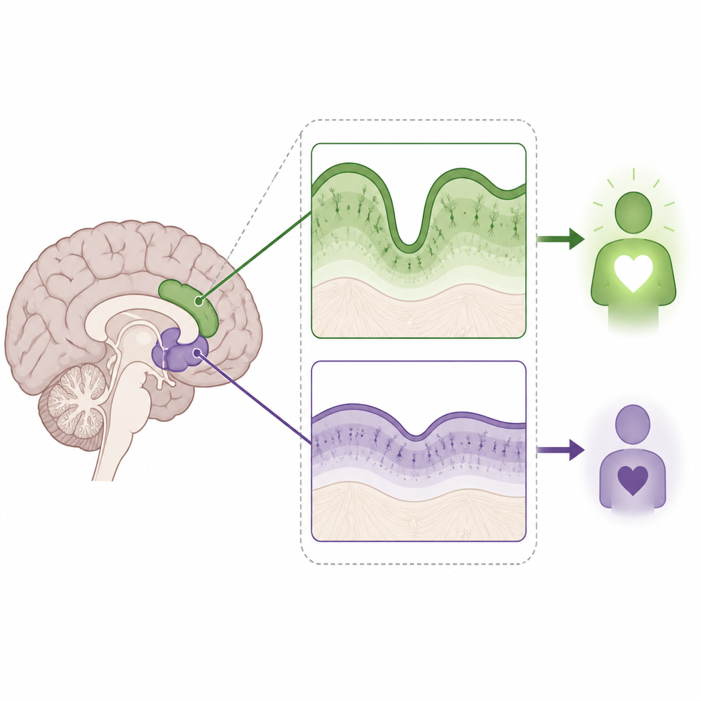 Figure 2. Duygusal empatinin düzeyleriyle kortikal kalınlıktaki ince farklılıkların nasıl izlenebileceğini göstermek için önemli beyin bölgelerine yakınlaştırma.